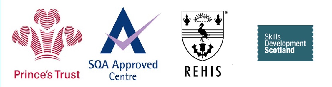 Prince's trust, SQA Approved centre, REHIS and Skill Development Scotland Approval badges